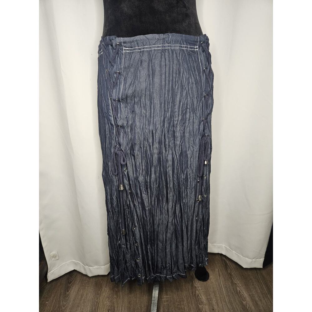 Monroe And Main Denim Lace Up Midi Skirt Crinkled Denim Size XL Dark Wash Boho